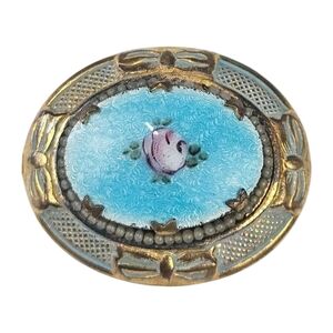 Vintage Guilloche Enamel Rose Brooch Bow Beaded Domed Bkue Gold Tone Brass 1.5"